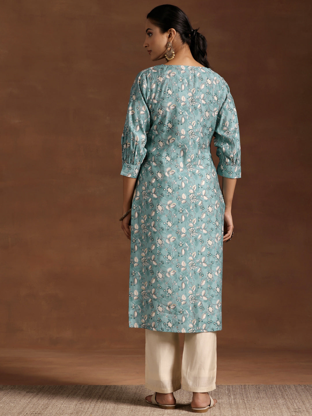 Blue Printed Silk Straight Kurta
