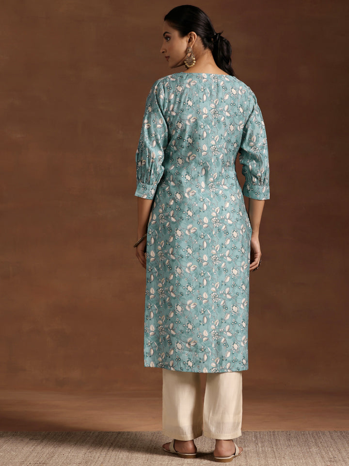 Blue Printed Silk Straight Kurta