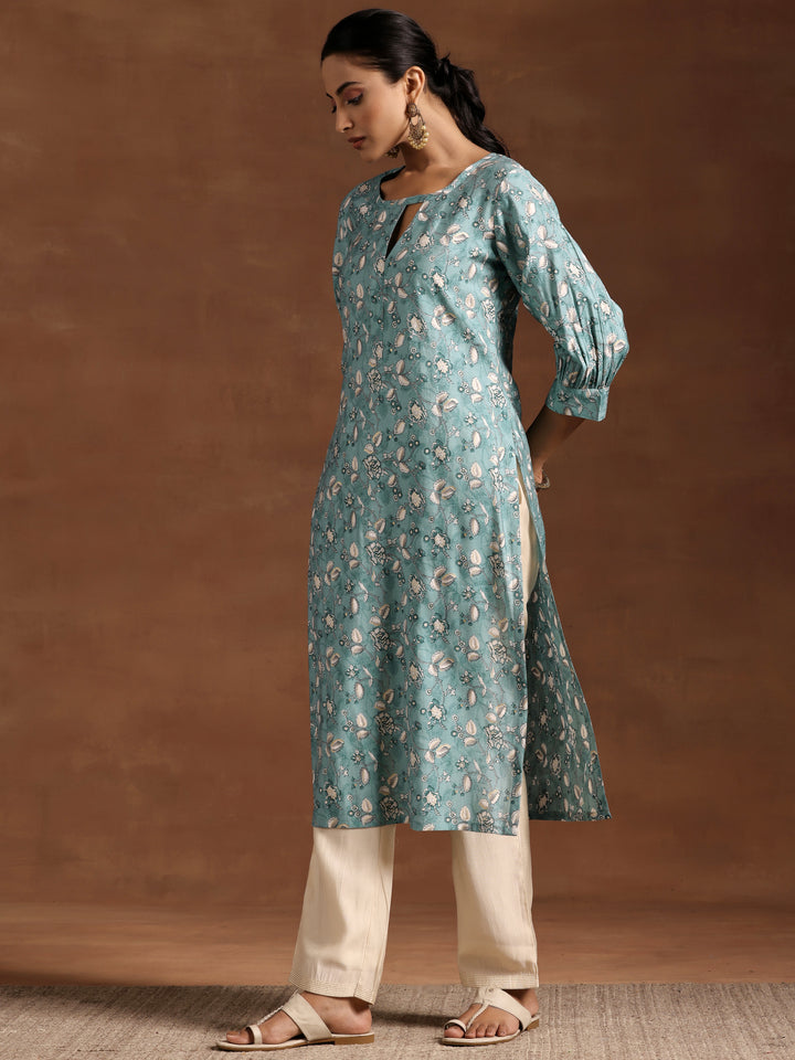 Blue Printed Silk Straight Kurta