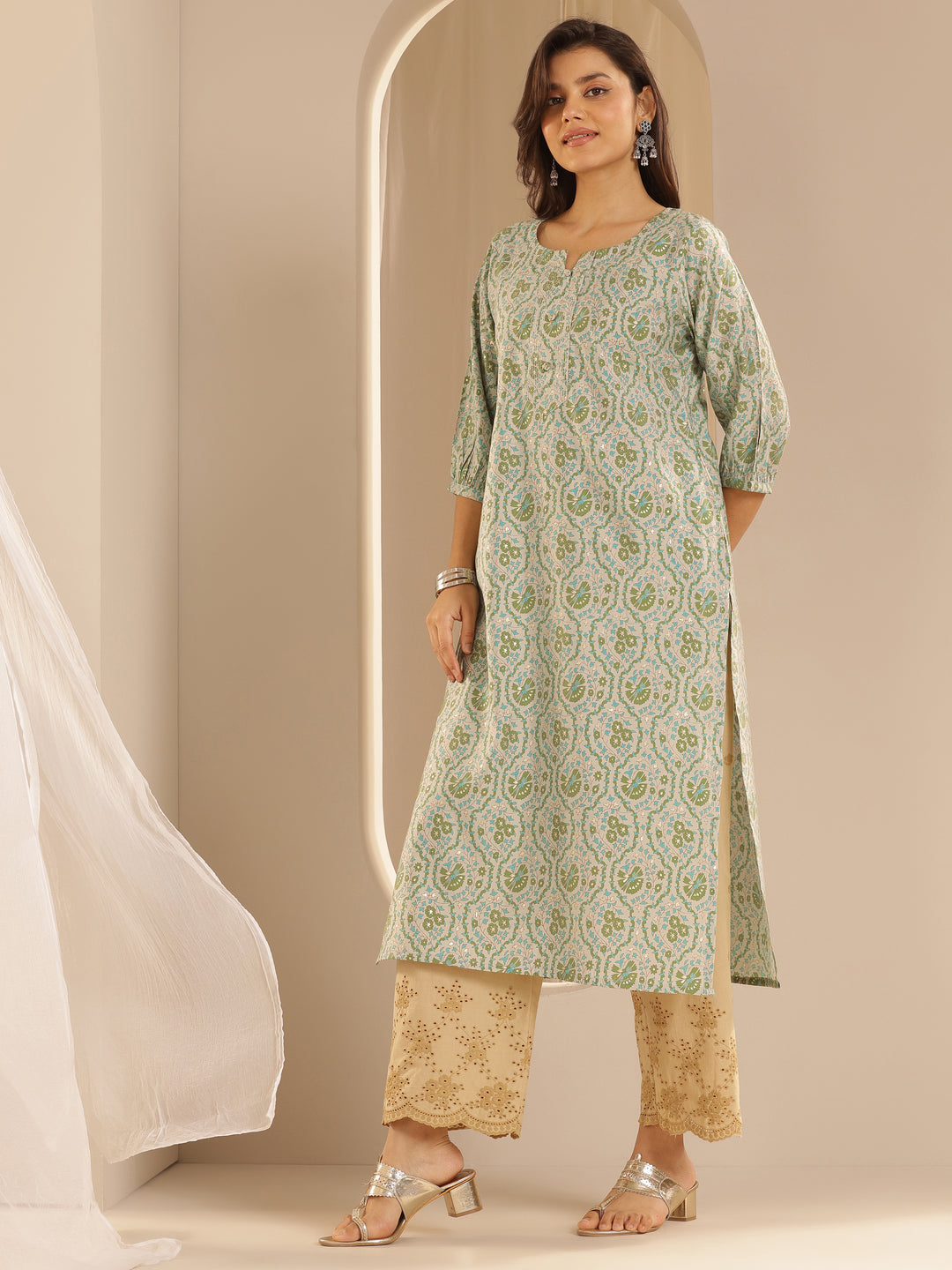 Green Printed Silk Straight Kurta