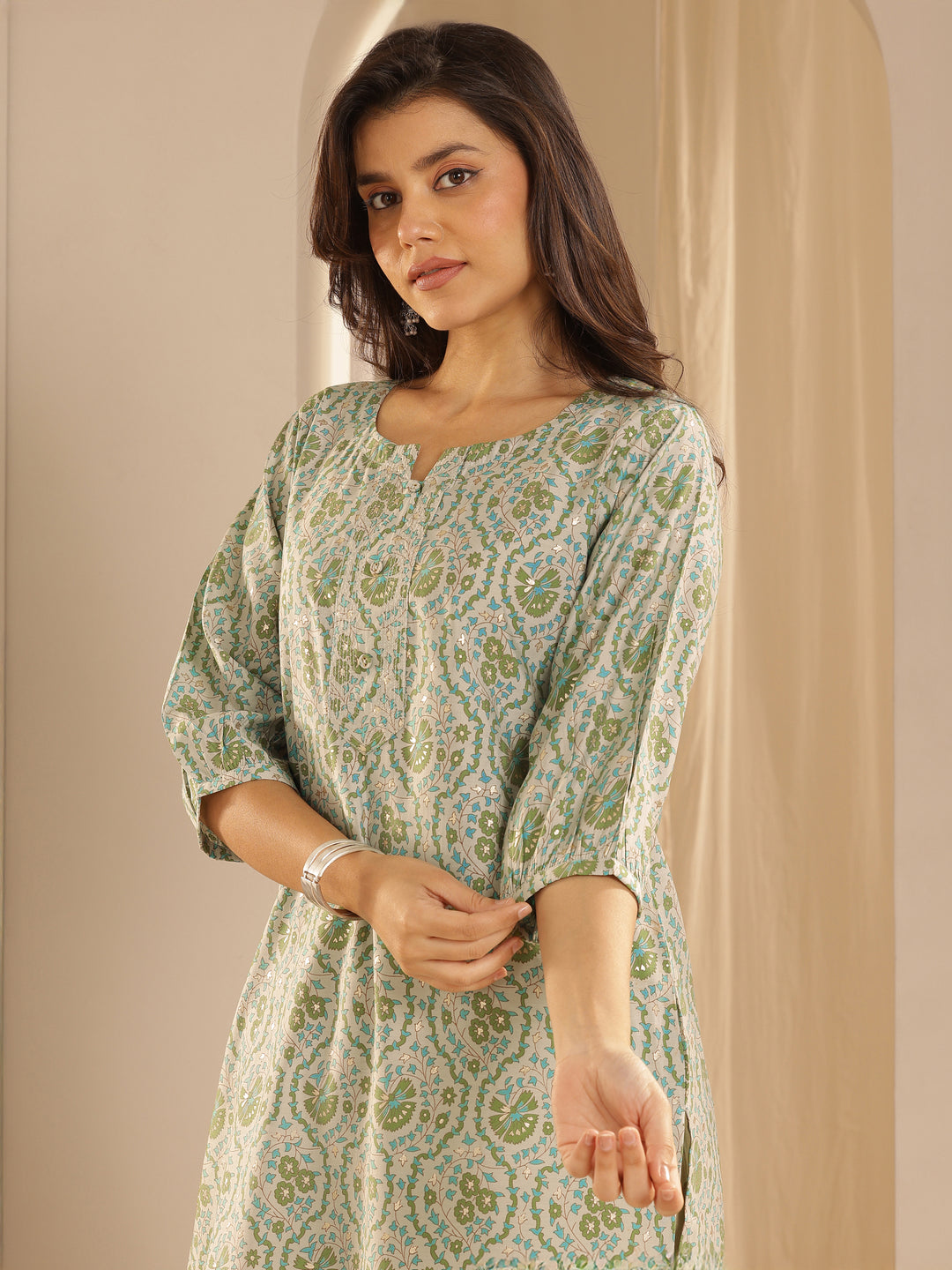 Green Printed Silk Straight Kurta