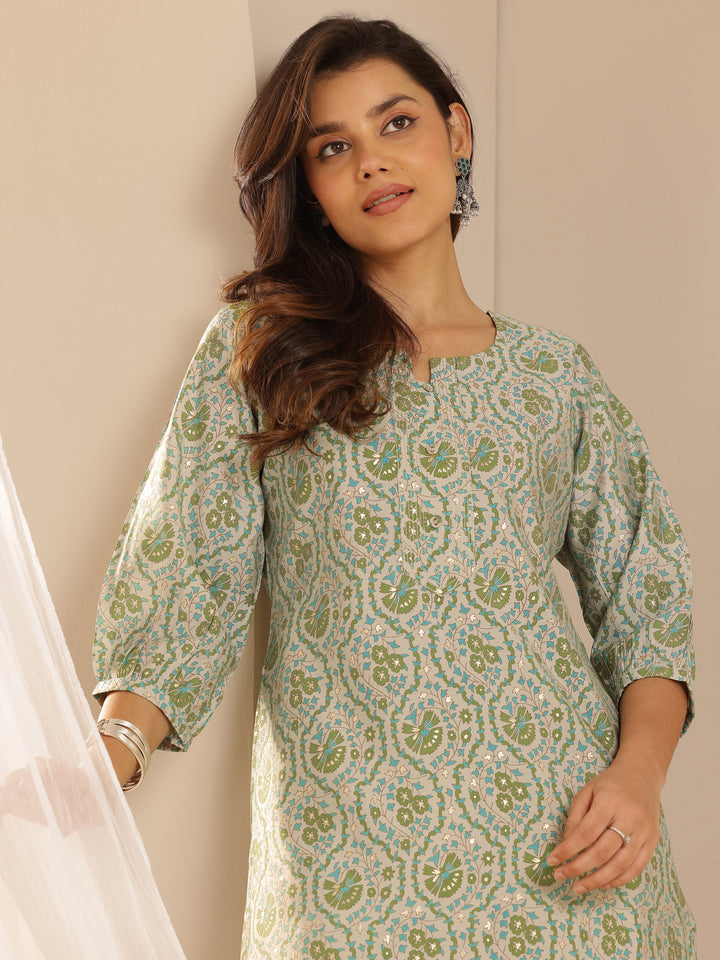 Green Printed Silk Straight Kurta