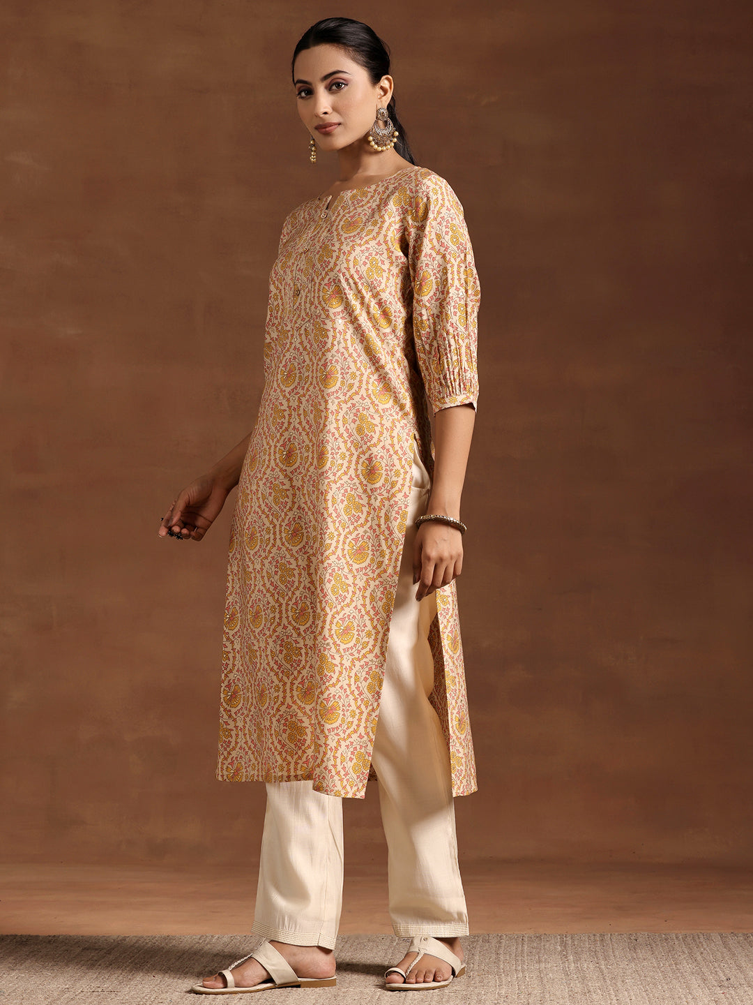 Yellow Printed Silk Straight Kurta
