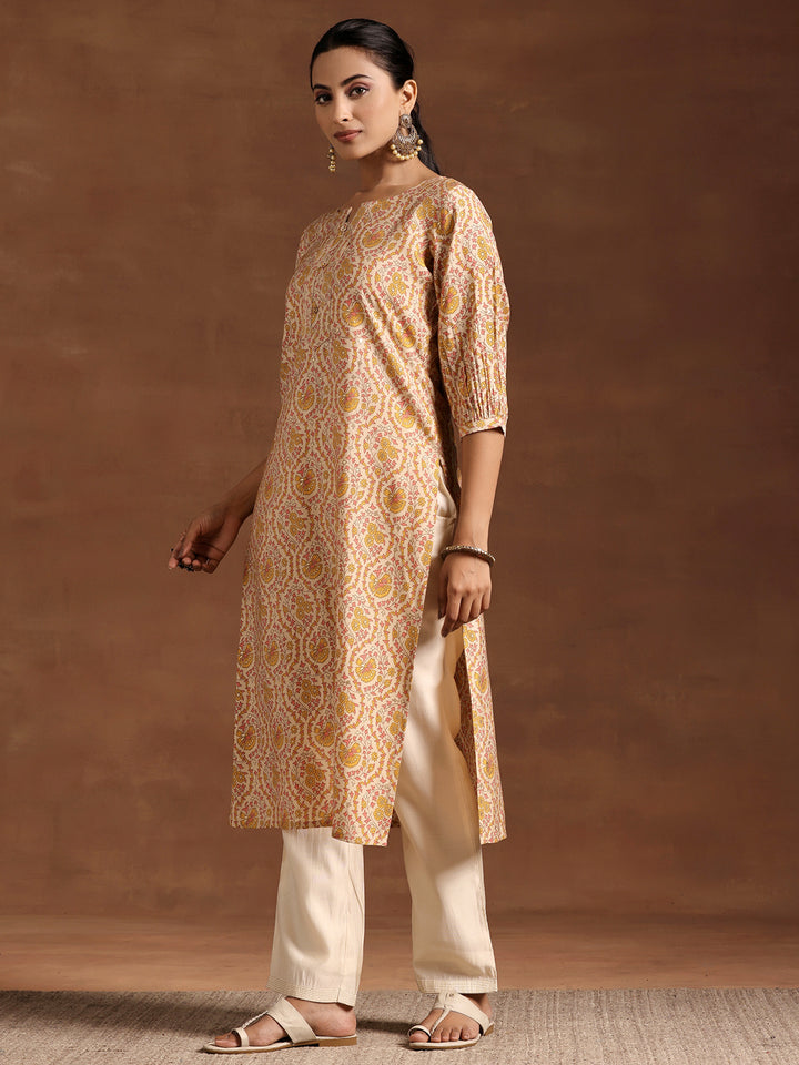 Yellow Printed Silk Straight Kurta