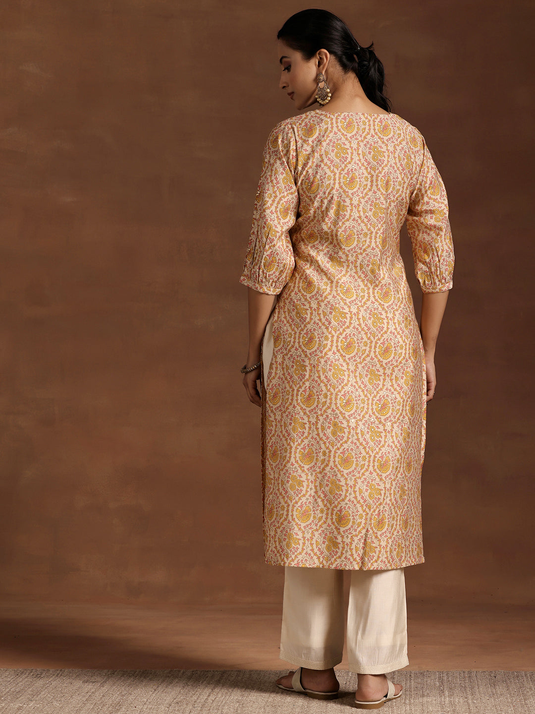 Yellow Printed Silk Straight Kurta