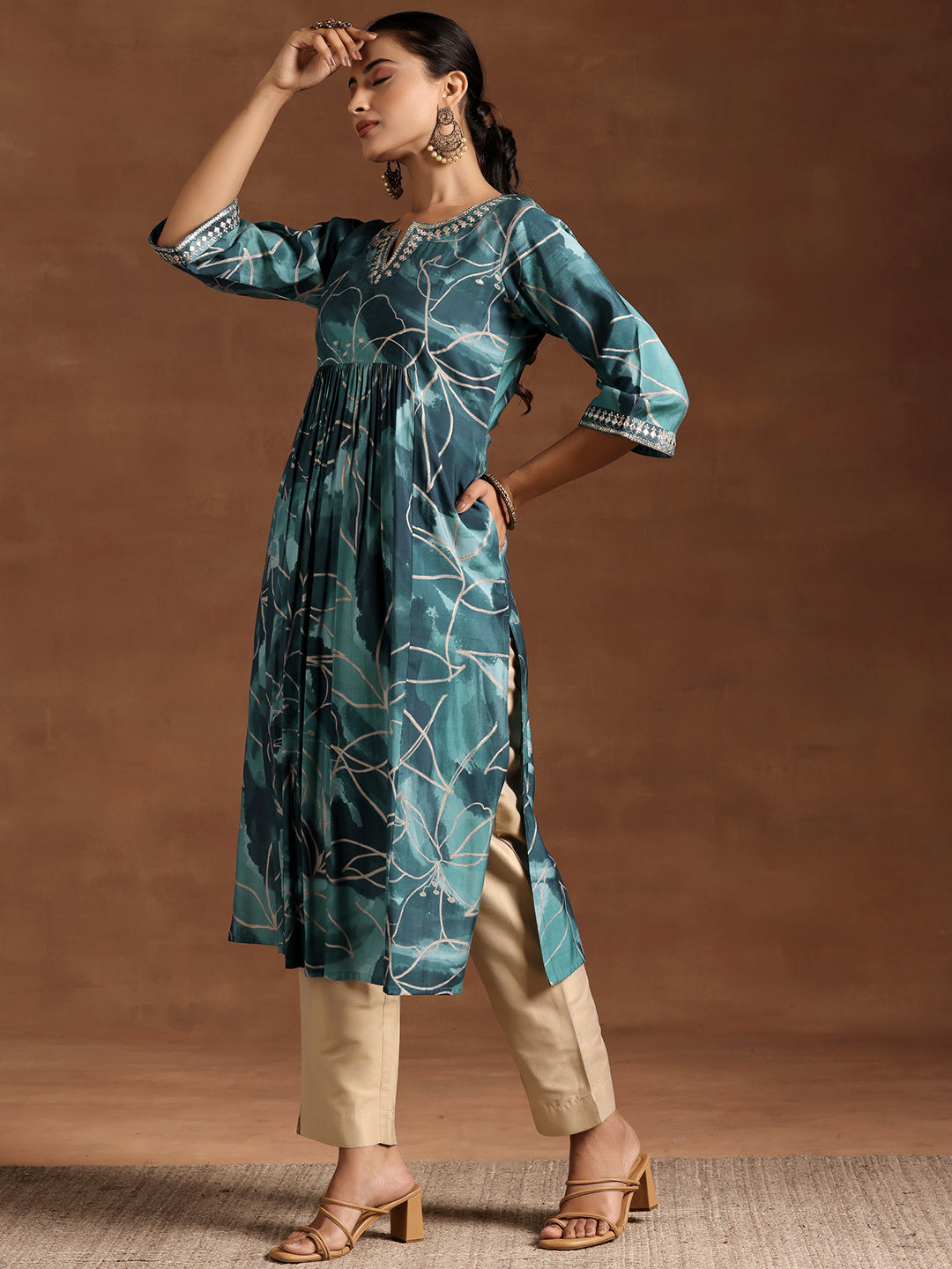 Blue Printed Silk A-Line Kurta