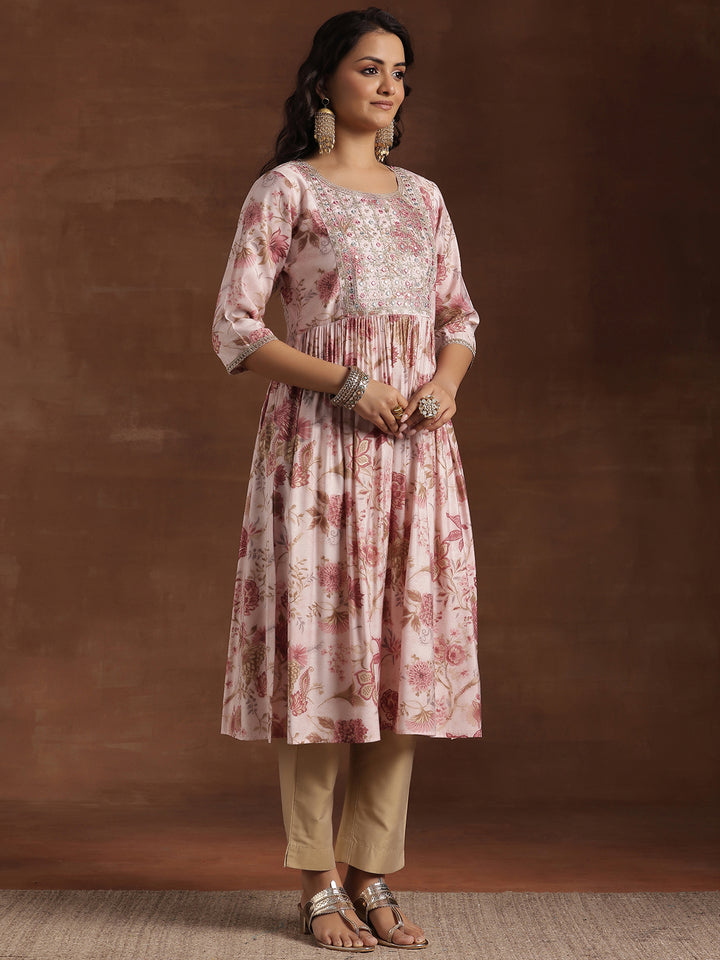 Pink Printed Silk A-Line Kurta