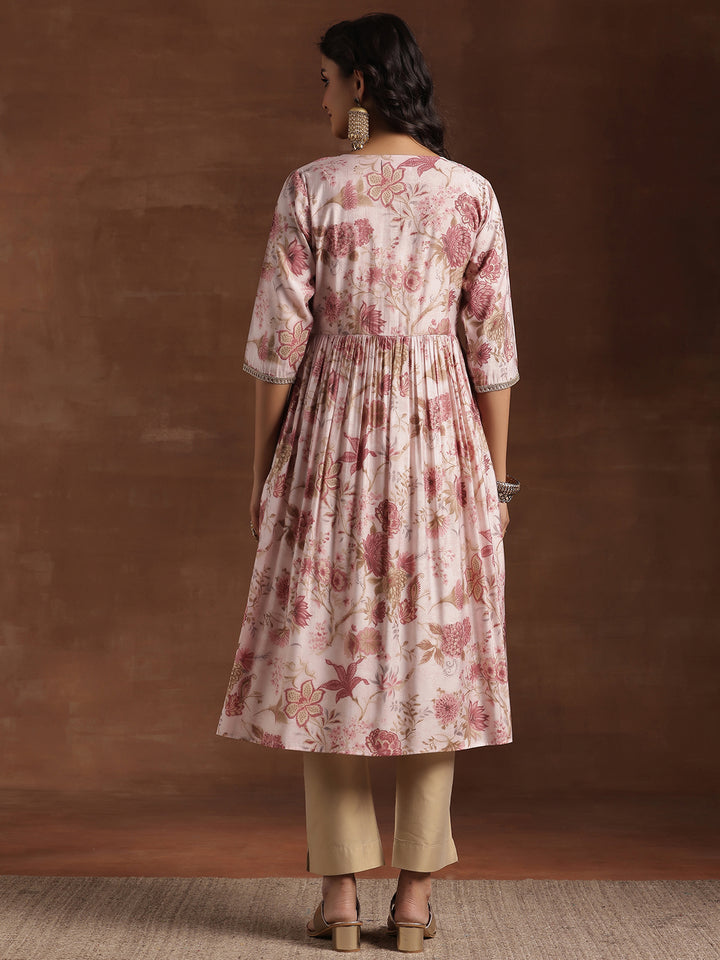 Pink Printed Silk A-Line Kurta