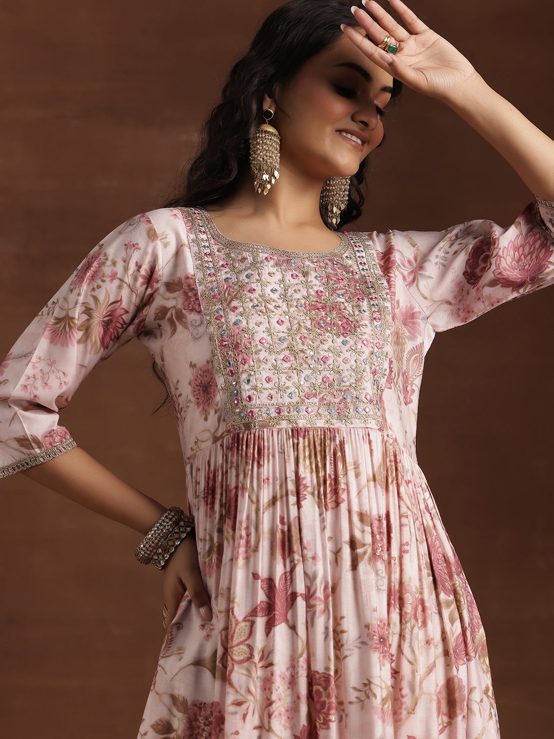 Pink Printed Silk A-Line Kurta