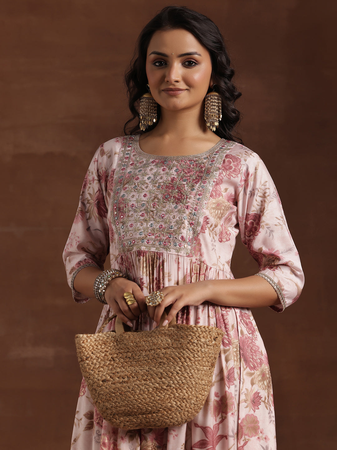 Pink Printed Silk A-Line Kurta