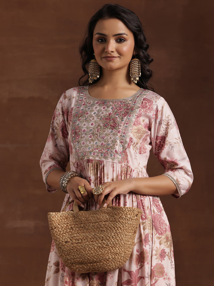 Pink Printed Silk A-Line Kurta