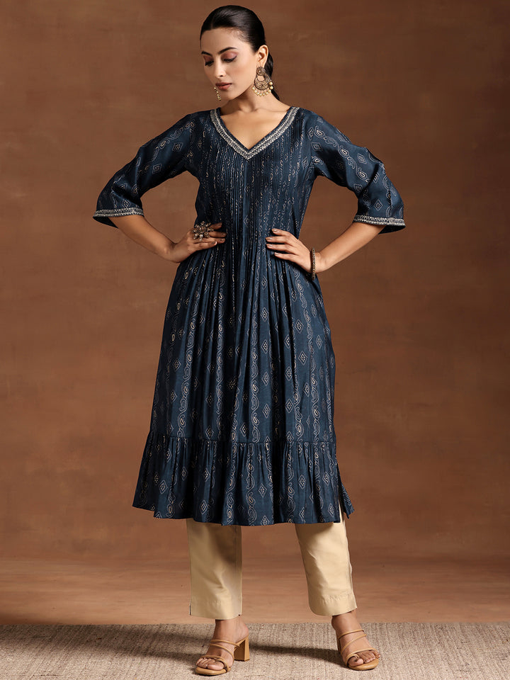 Blue Printed Silk A-Line Kurta