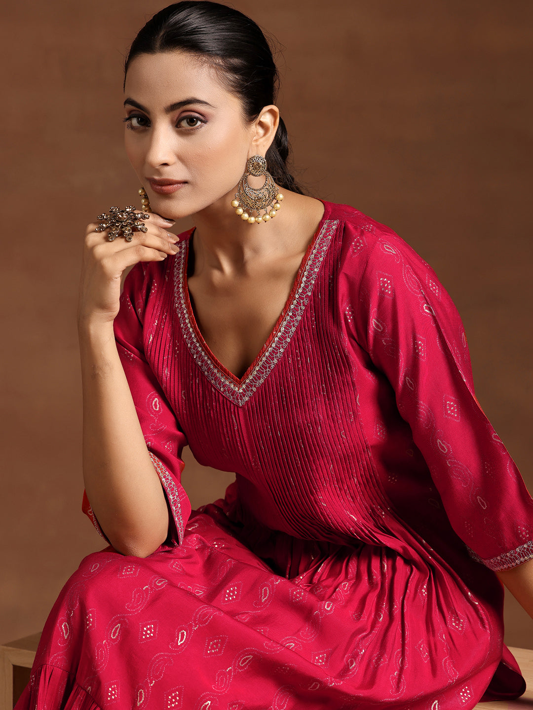 Red Printed Silk A-Line Kurta