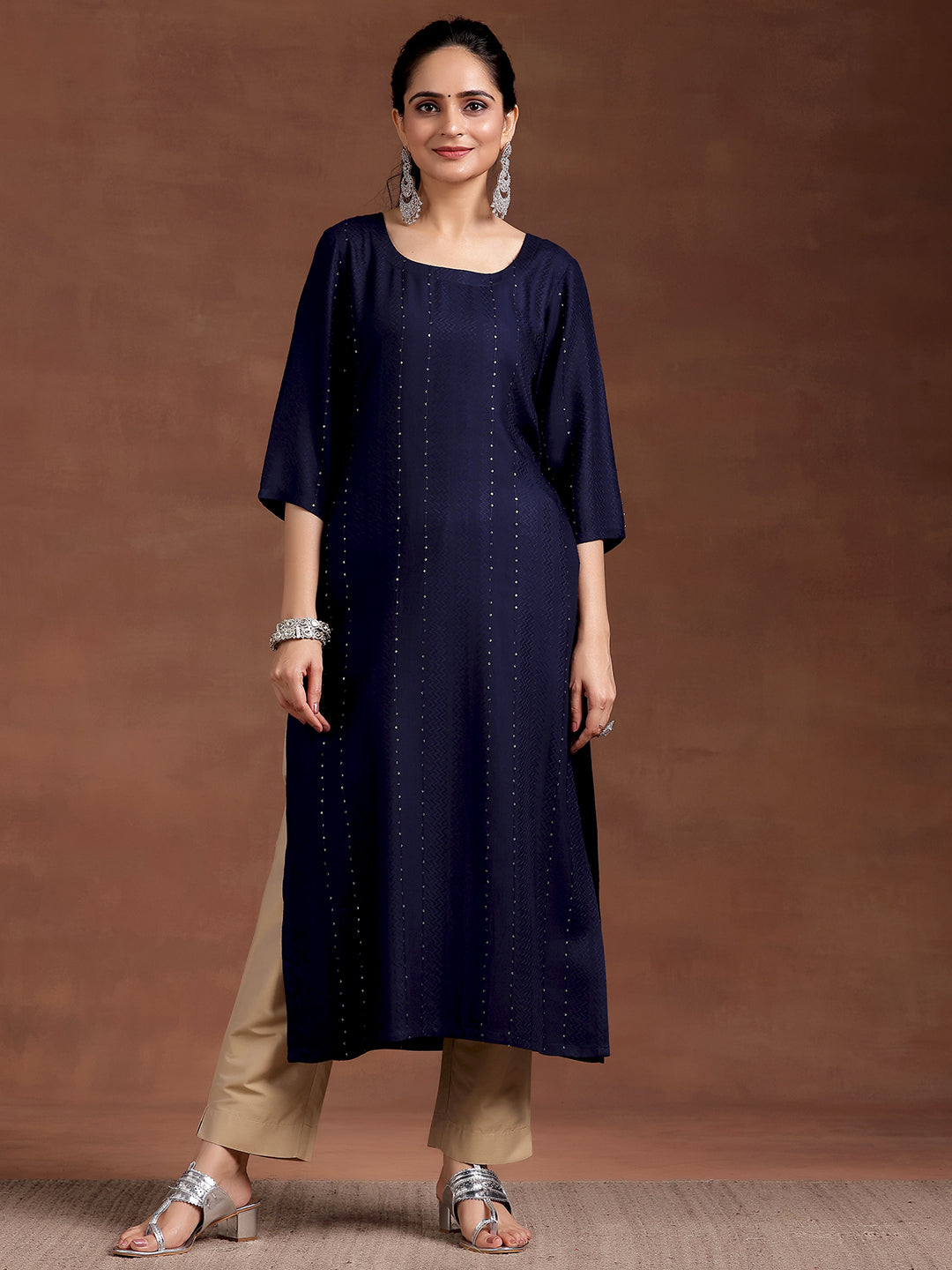 Blue Woven Design Rayon Straight Kurta