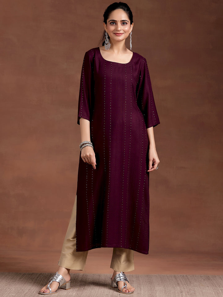 Wine Woven Design Rayon Straight Kurta