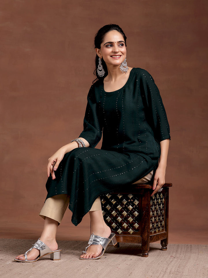 Green Woven Design Rayon Straight Kurta