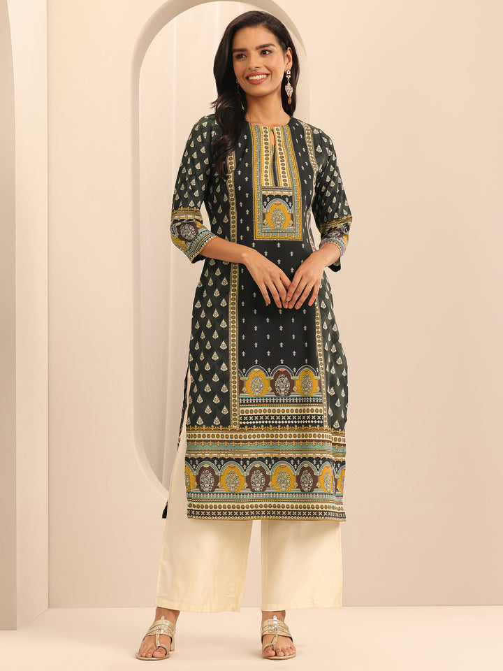 Black Printed Crepe Straight Kurta