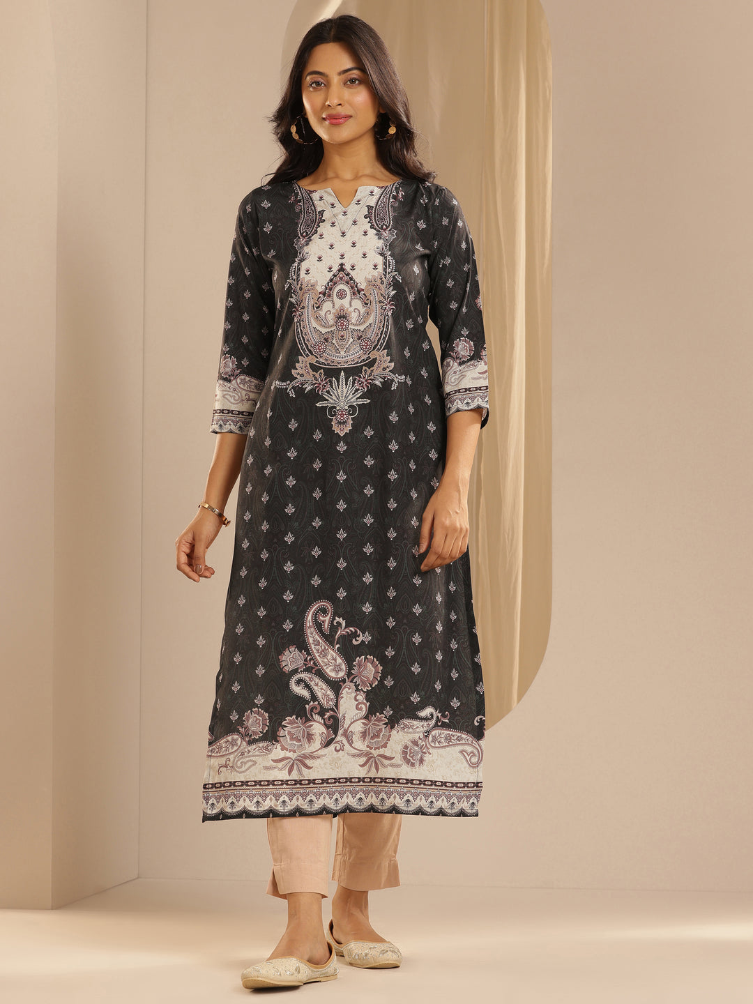 Black Printed Crepe Straight Kurta