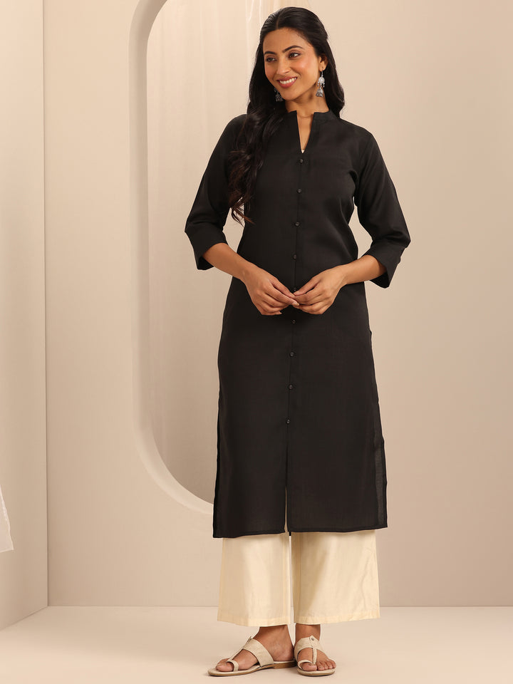 Black Solid Cotton Blend Straight Kurta