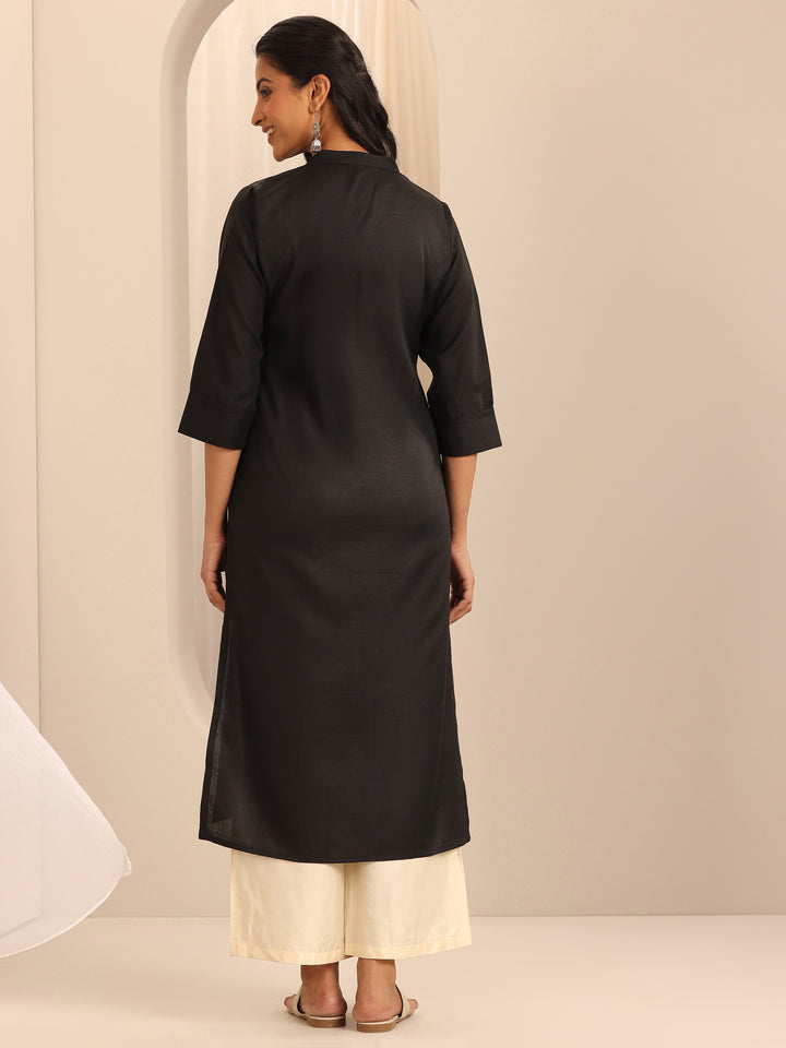 Black Solid Cotton Blend Straight Kurta