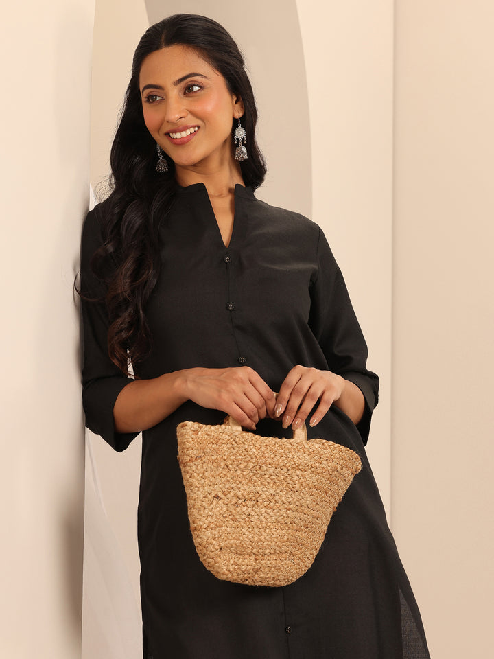 Black Solid Cotton Blend Straight Kurta