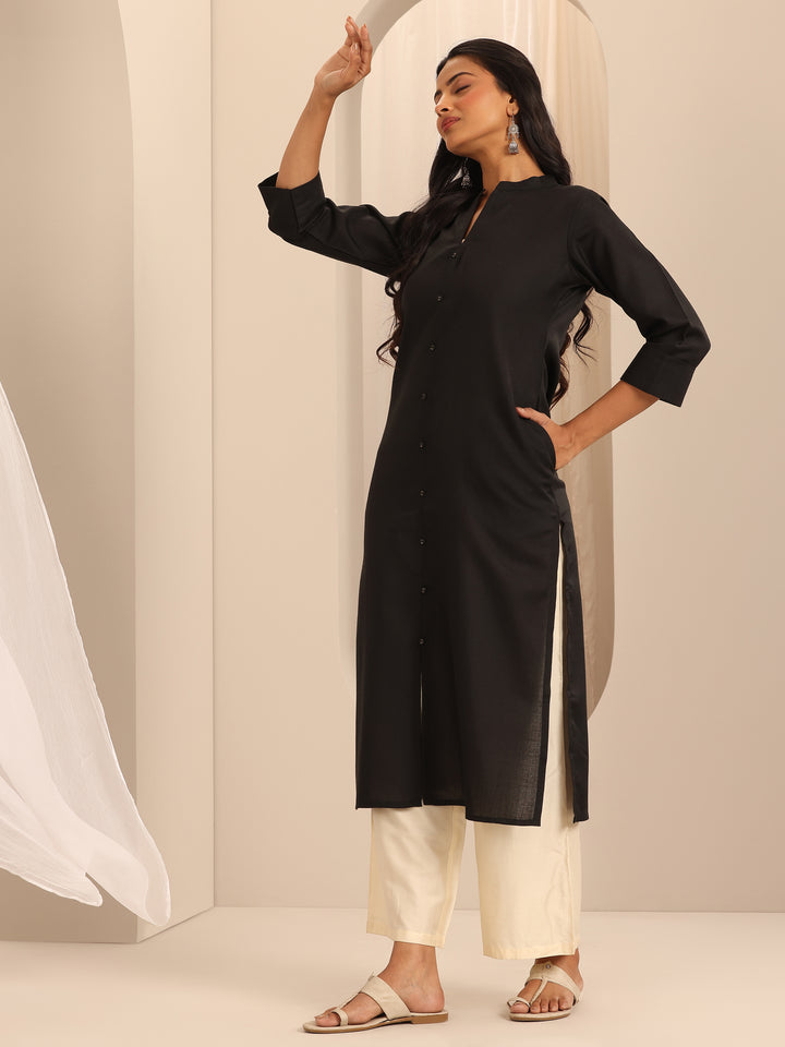Black Solid Cotton Blend Straight Kurta