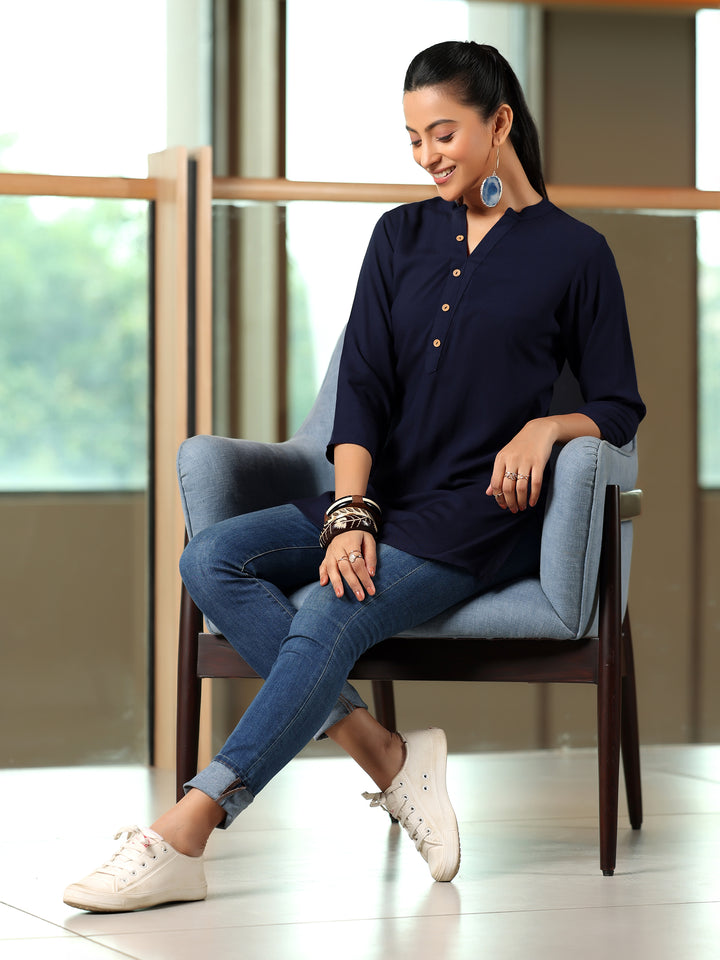 Navy Blue Solid Rayon Straight Kurti