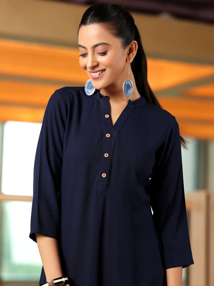 Navy Blue Solid Rayon Straight Kurti