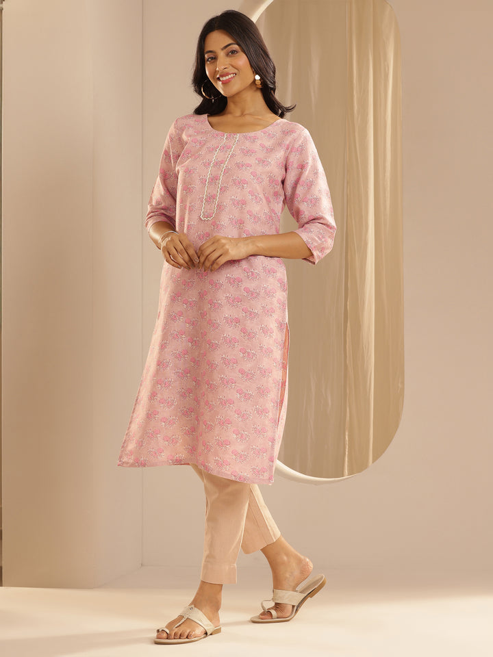 Pink Printed Cotton Straight Kurta