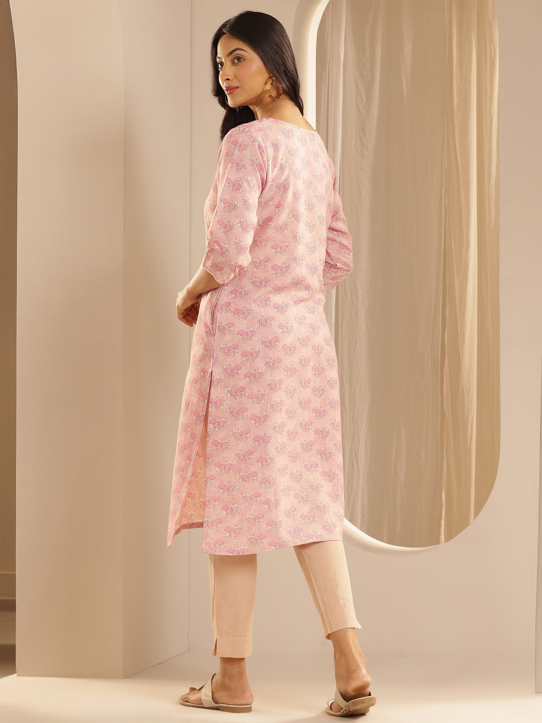 Pink Printed Cotton Straight Kurta