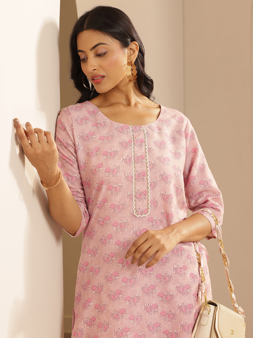 Pink Printed Cotton Straight Kurta