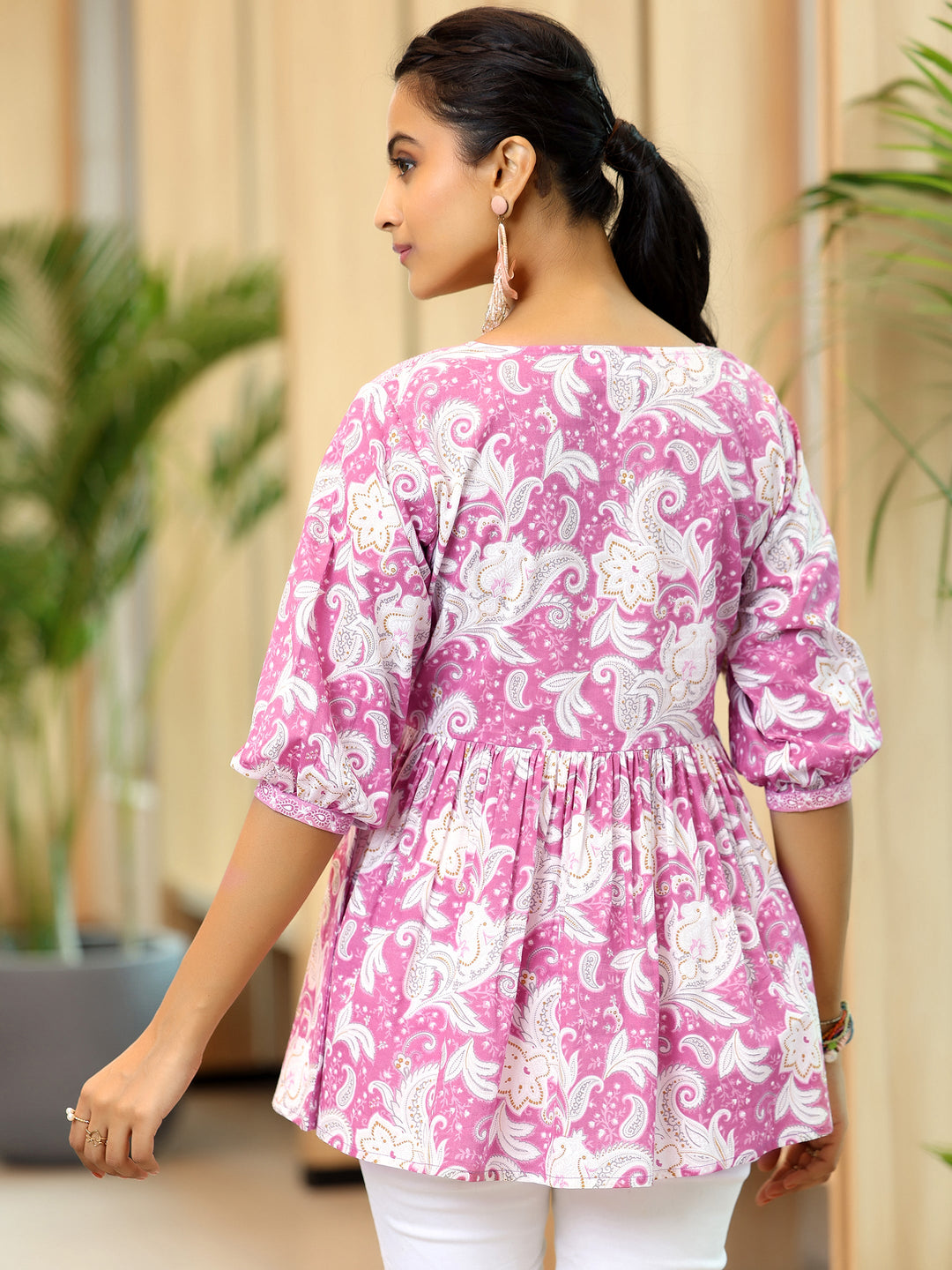 Pink Printed Cotton Anarkali Kurti