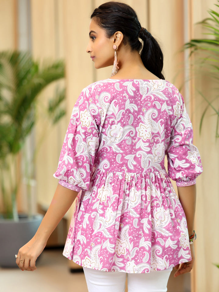 Pink Printed Cotton Anarkali Kurti