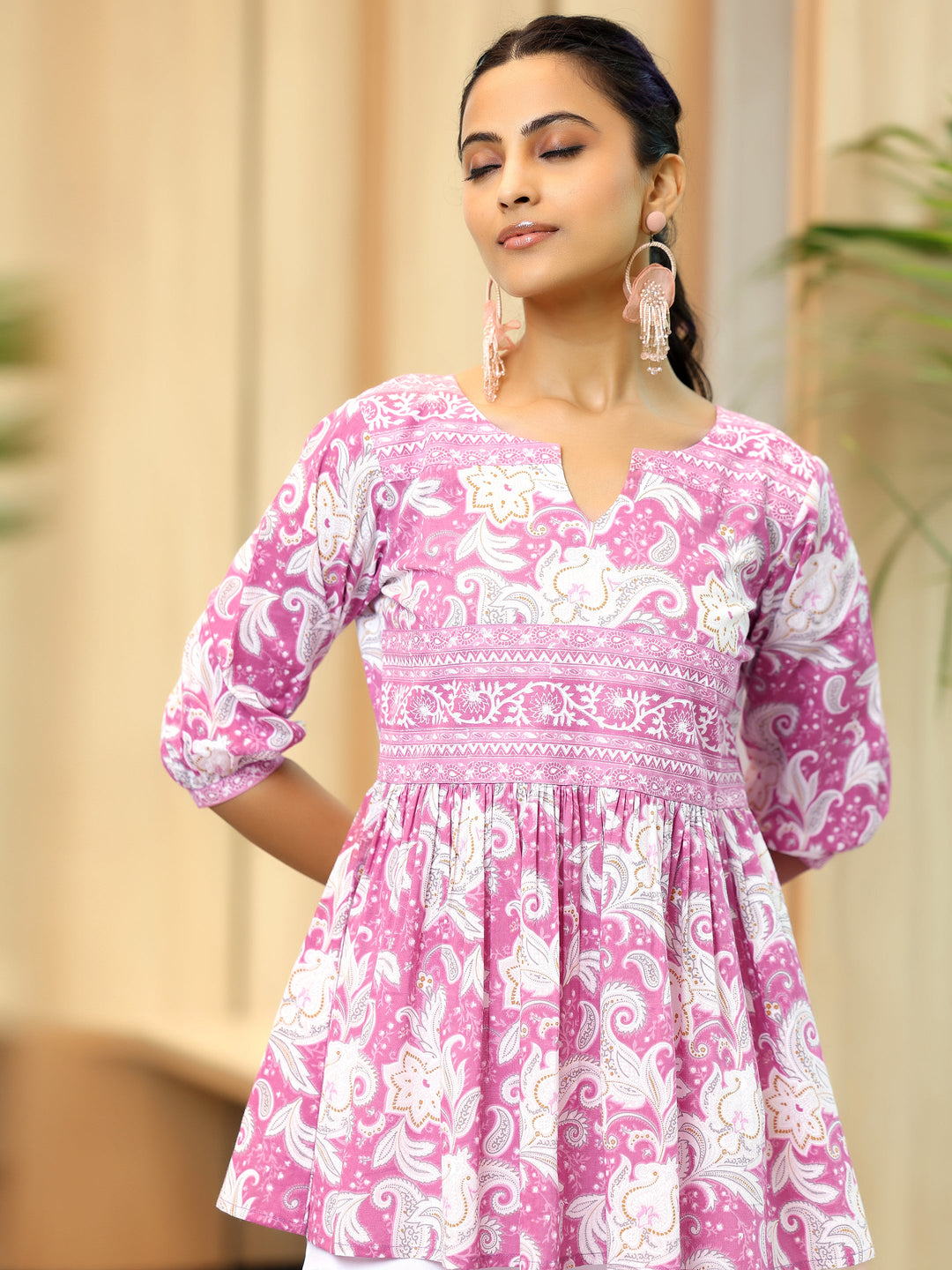 Pink Printed Cotton Anarkali Kurti