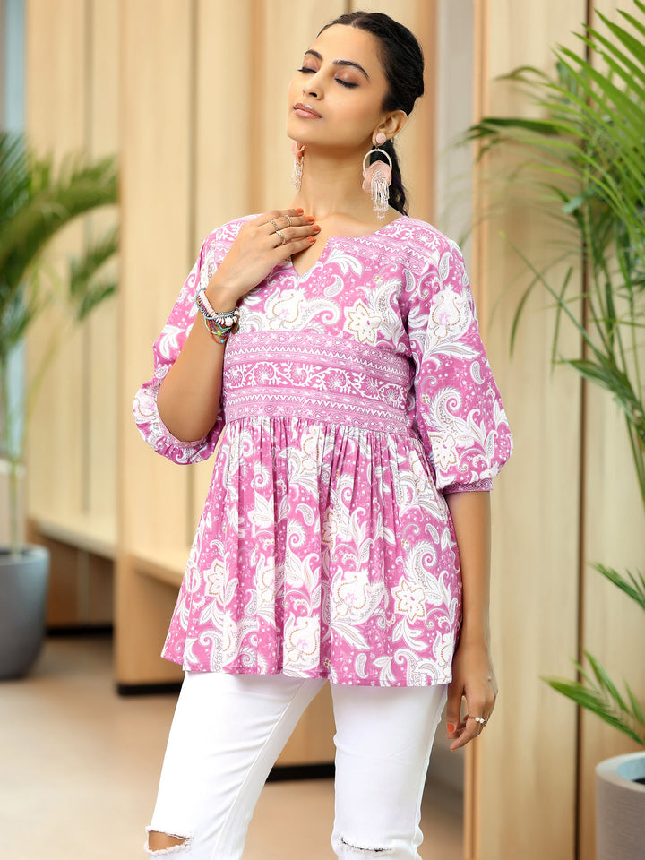 Pink Printed Cotton Anarkali Kurti