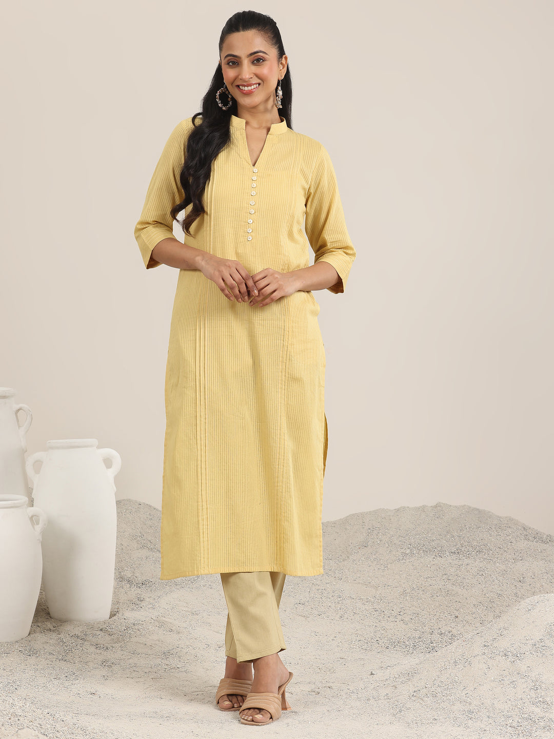Yellow Printed Cotton Straight Kurta