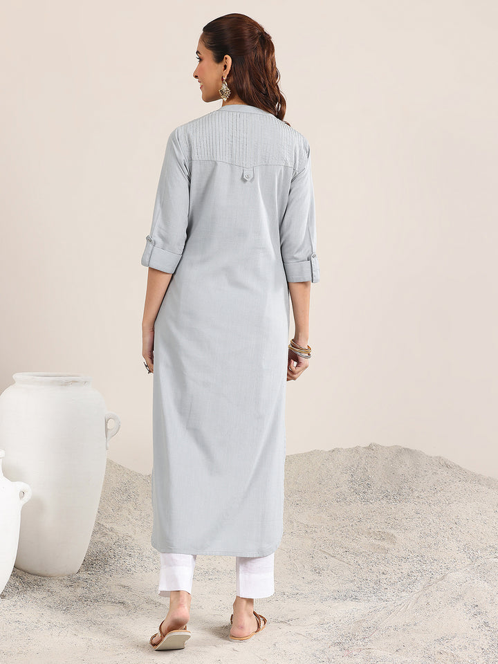 Blue Solid Cotton Blend Straight Kurta