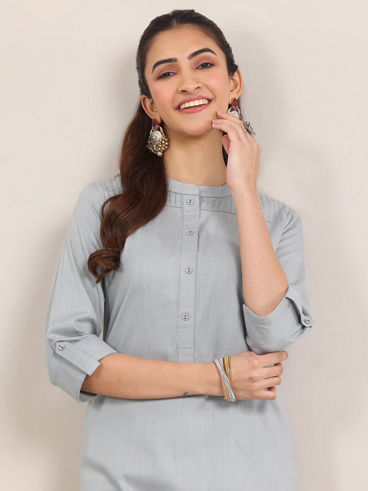 Blue Solid Cotton Blend Straight Kurta