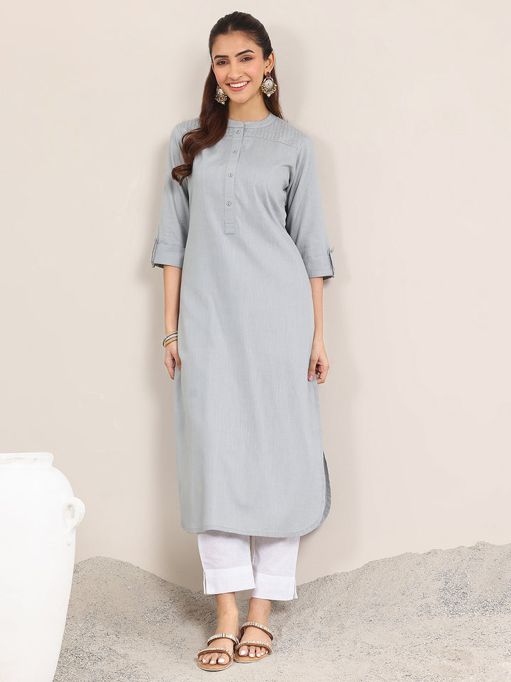 Blue Solid Cotton Blend Straight Kurta