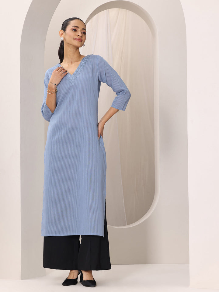 Blue Printed Cotton Straight Kurta