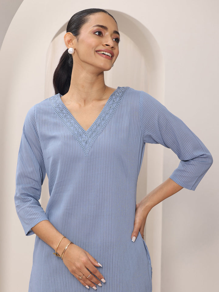 Blue Printed Cotton Straight Kurta