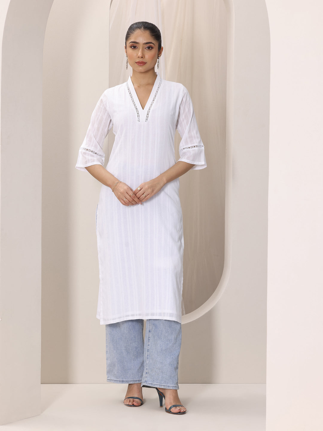 White Printed Cotton Straight Kurta