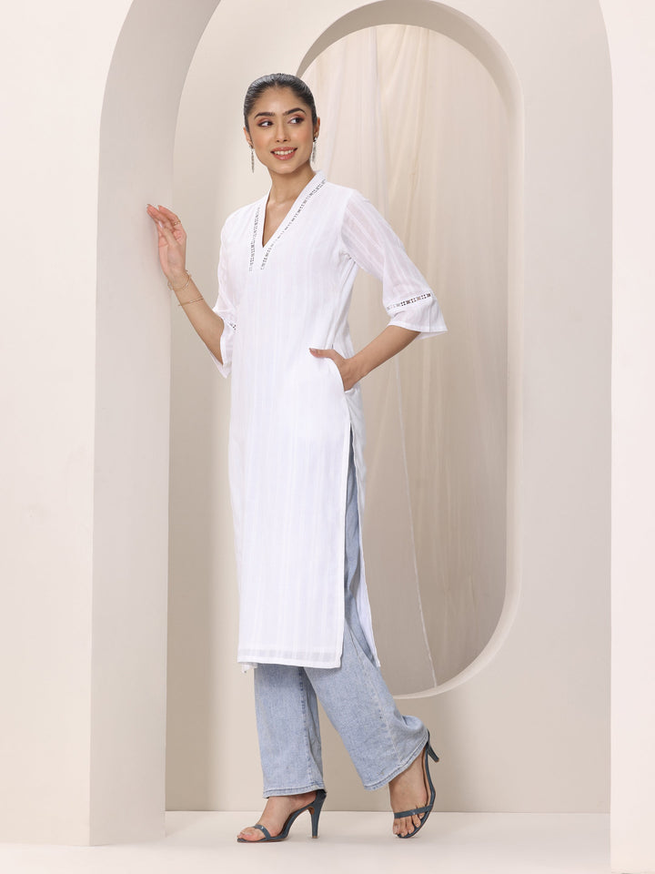 White Printed Cotton Straight Kurta