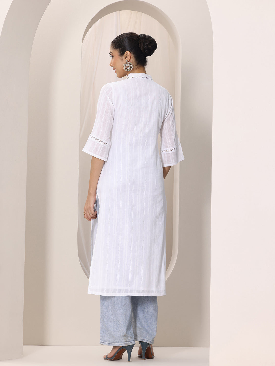 White Printed Cotton Straight Kurta
