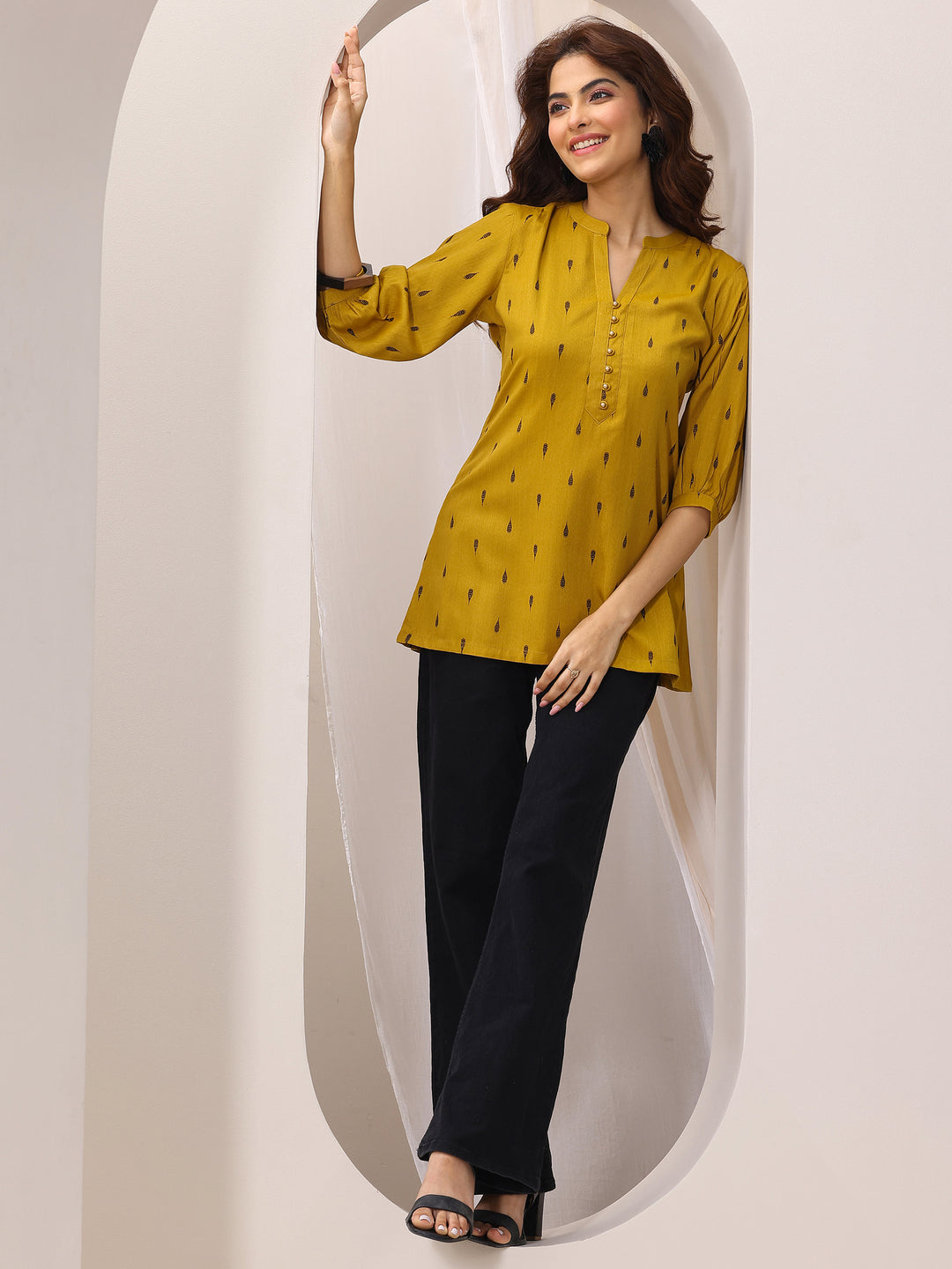 Mustard Woven Design Rayon Straight Short Kurti
