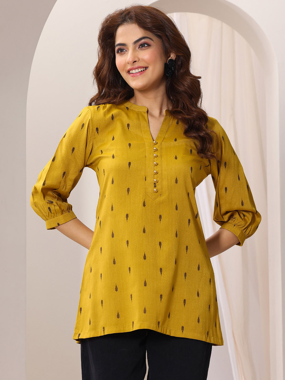 Mustard Woven Design Rayon Straight Short Kurti