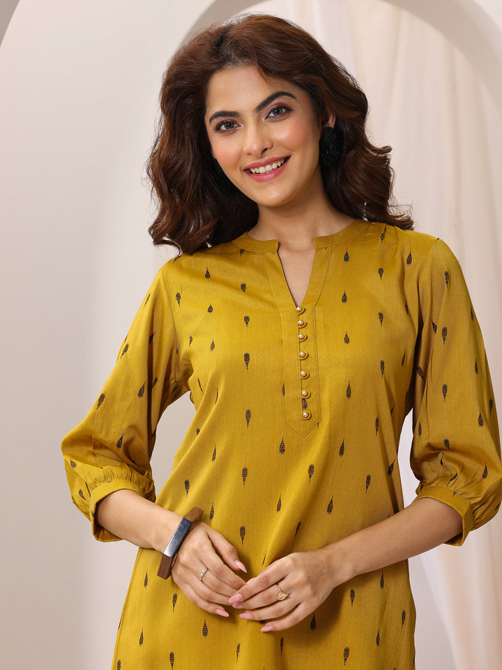 Mustard Woven Design Rayon Straight Short Kurti