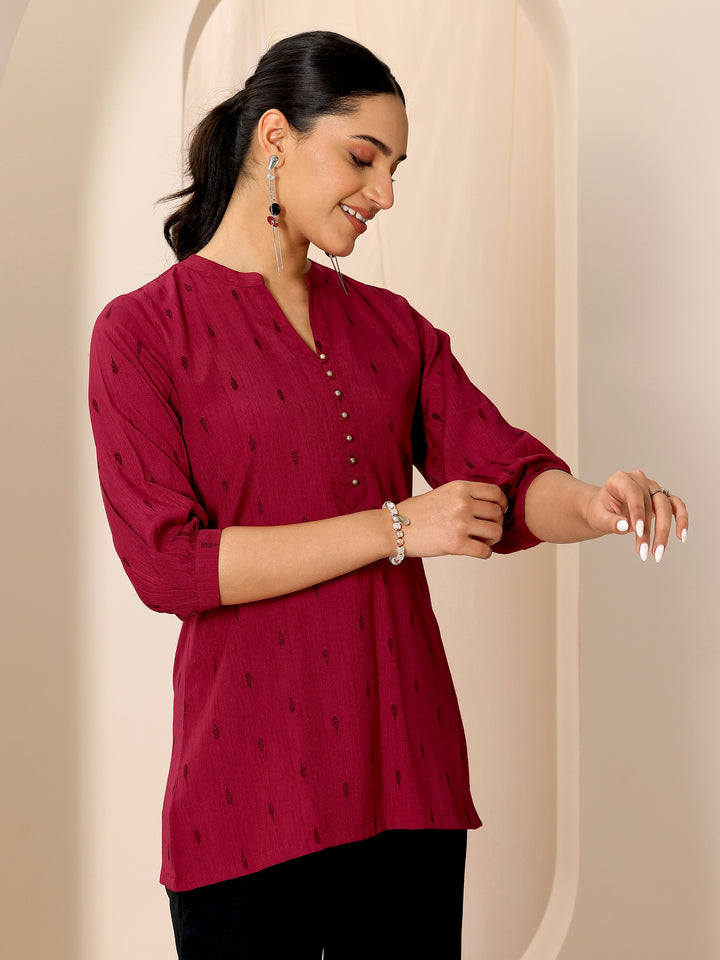 Maroon Woven Design Viscose Rayon Straight Short Kurti