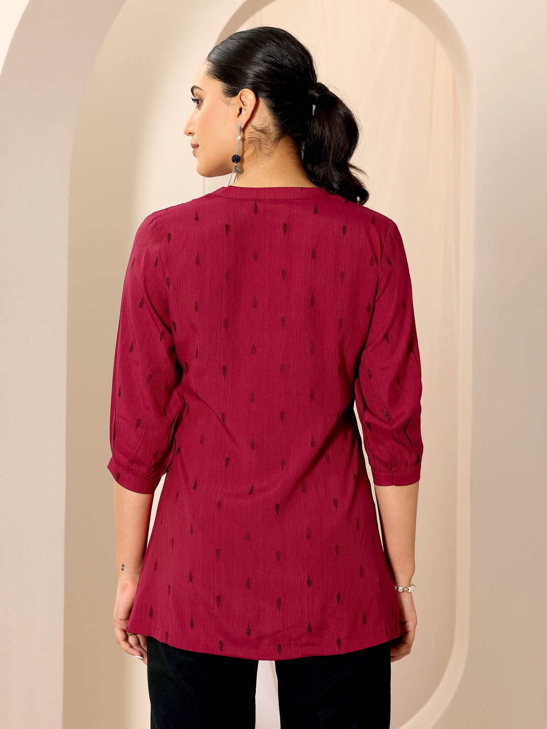 Maroon Woven Design Viscose Rayon Straight Short Kurti