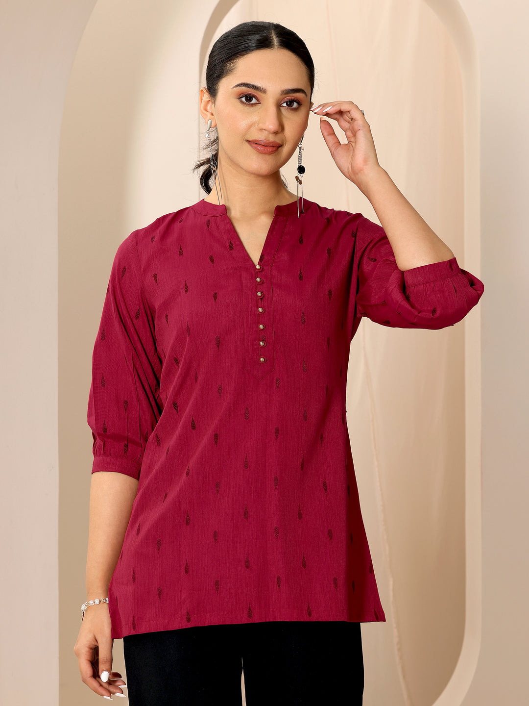 Maroon Woven Design Viscose Rayon Straight Short Kurti